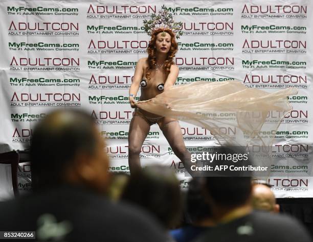 Graphic content / Fans watch a performer on stage during the annual 'AdultCon' - Adult Entertainment Convention in Los Angeles, California on...