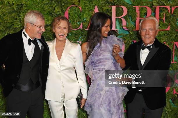 Lauren Hutton, Zoe Saldana and Giorgio Armani attend the Green Carpet Fashion Awards, Italia, at Teatro Alla Scala on September 24, 2017 in Milan,...