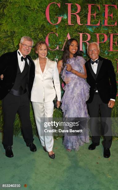 Lauren Hutton, Zoe Saldana and Giorgio Armani attend the Green Carpet Fashion Awards, Italia, at Teatro Alla Scala on September 24, 2017 in Milan,...