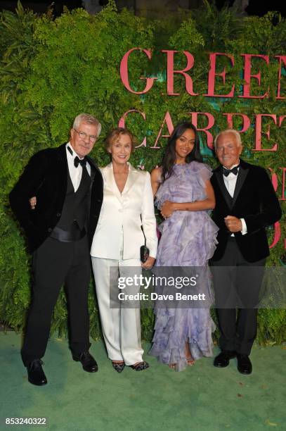 Lauren Hutton, Zoe Saldana and Giorgio Armani attend the Green Carpet Fashion Awards, Italia, at Teatro Alla Scala on September 24, 2017 in Milan,...