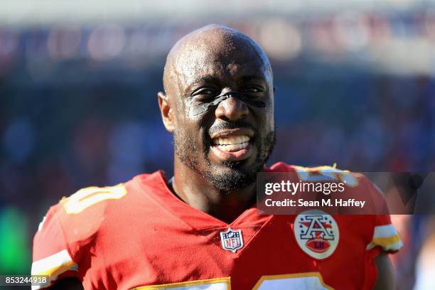 Justin Houston of the Kansas City Chiefs walks off the field after defeating the Los Angeles Chargers 24-10 in a game at StubHub Center on September...