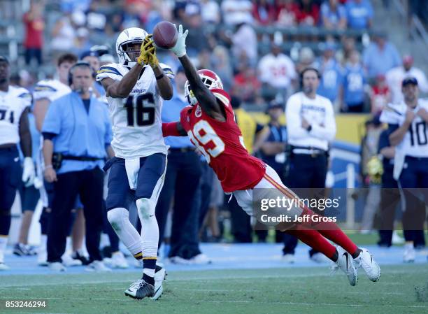 Cornerback Jacoby Glenn of the Kansas City Chiefs knocks the ball away from wide receiver Tyrell Williams of the Los Angeles Chargers in the fourth...