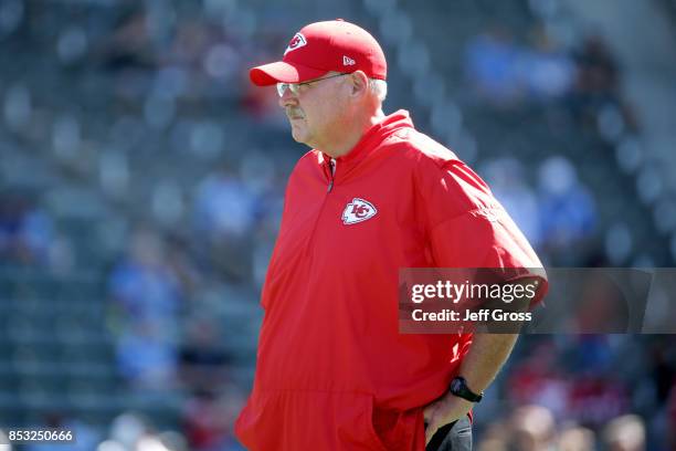 Head coach Andy Reid of the Kansas City Chiefs is seen before the game against the Los Angeles Chargers at the StubHub Center on September 24, 2017...