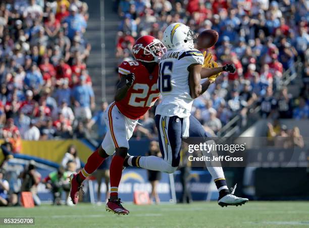 Cornerback Marcus Peters of the Kansas City Chiefs breaks up a pass intended for wide receiver Tyrell Williams of the Los Angeles Chargers in the...