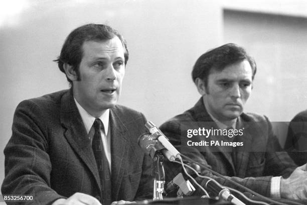Paddy Kennedy , a Republican MP at Stormont, and John Kelly speaking at a Press conference held in a school gymnasium in Belfast's Ballymurphy...