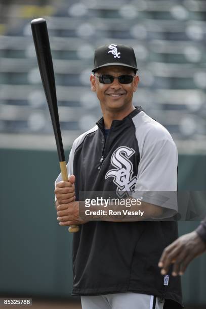 Bench coach Joey Cora of the Chicago White Sox looks on prior to the game against the Oakland Athletics on March 4, 2009 at Phoenix Municipal Stadium...