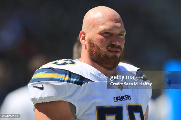 Spencer Pulley of the Los Angeles Chargers is seen before the game against the Kansas City Chiefs at the StubHub Center on September 24, 2017 in...