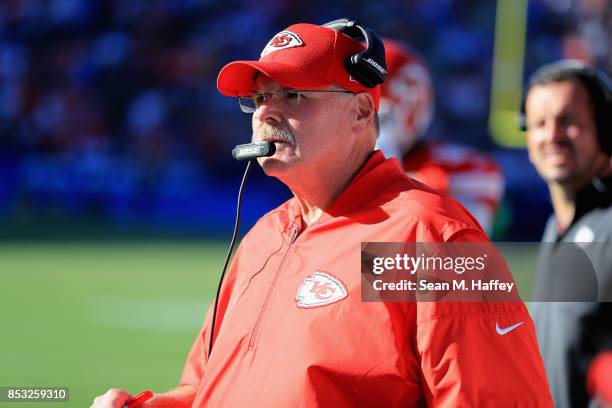 Head coach Andy Reid of the Kansas City Chiefs looks on during the second half of a game against the Los Angeles Chargers at StubHub Center on...