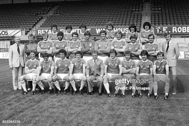 Players and staff with Second Division Wrexham FC, lined up at the Racecourse Ground for the forthcoming 1979-80 season. Bruce Urquhart, Steve...