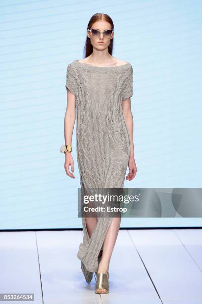 Model walks the runway at the Laura Biagiotti show during Milan Fashion Week Spring/Summer 2018 on September 24, 2017 in Milan, Italy.