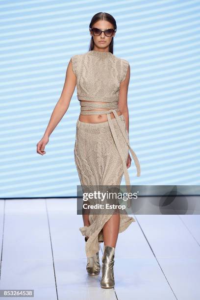 Model walks the runway at the Laura Biagiotti show during Milan Fashion Week Spring/Summer 2018 on September 24, 2017 in Milan, Italy.