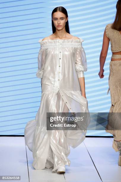 Model walks the runway at the Laura Biagiotti show during Milan Fashion Week Spring/Summer 2018 on September 24, 2017 in Milan, Italy.