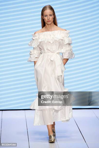 Model walks the runway at the Laura Biagiotti show during Milan Fashion Week Spring/Summer 2018 on September 24, 2017 in Milan, Italy.