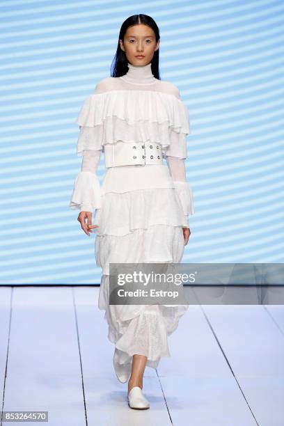 Model walks the runway at the Laura Biagiotti show during Milan Fashion Week Spring/Summer 2018 on September 24, 2017 in Milan, Italy.