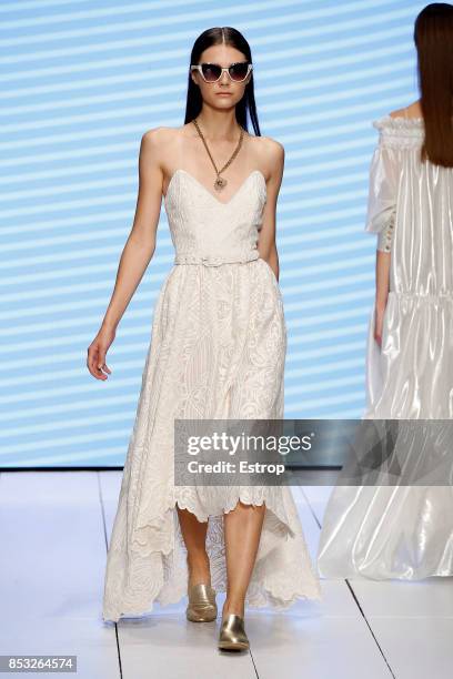 Model walks the runway at the Laura Biagiotti show during Milan Fashion Week Spring/Summer 2018 on September 24, 2017 in Milan, Italy.