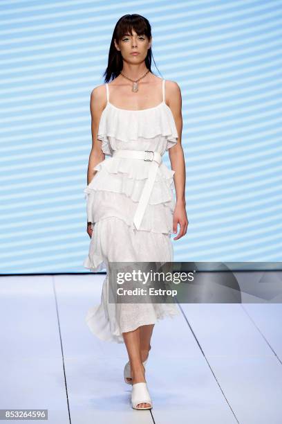 Model walks the runway at the Laura Biagiotti show during Milan Fashion Week Spring/Summer 2018 on September 24, 2017 in Milan, Italy.