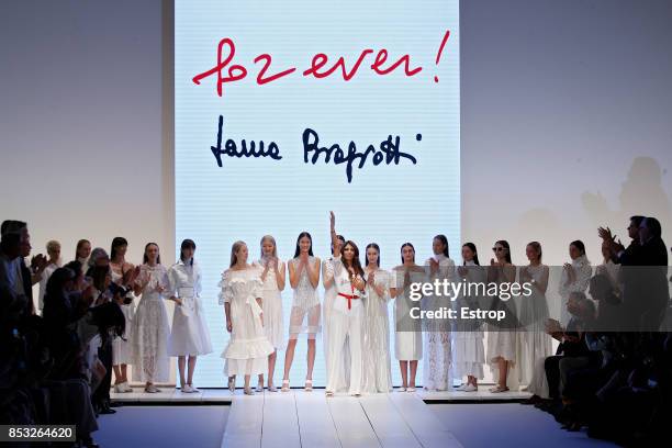 Model walks the runway at the Laura Biagiotti show during Milan Fashion Week Spring/Summer 2018 on September 24, 2017 in Milan, Italy.