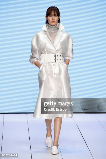 Model walks the runway at the Laura Biagiotti show during Milan Fashion Week Spring/Summer 2018 on September 24, 2017 in Milan, Italy.