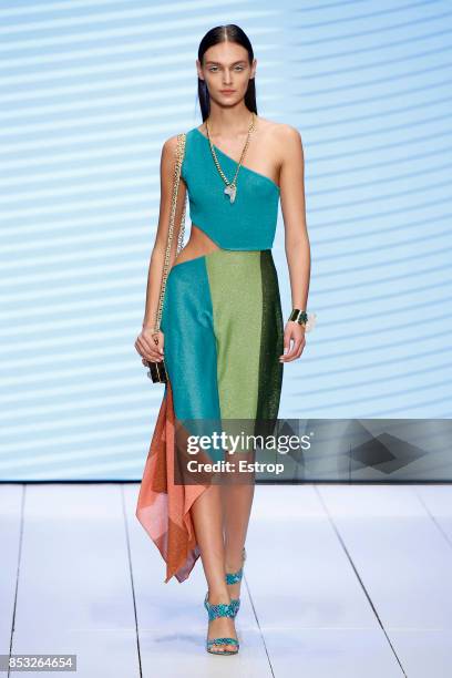 Model walks the runway at the Laura Biagiotti show during Milan Fashion Week Spring/Summer 2018 on September 24, 2017 in Milan, Italy.