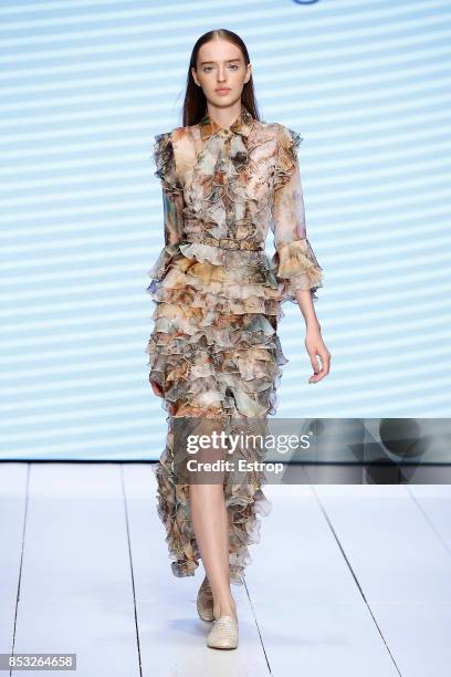 Model walks the runway at the Laura Biagiotti show during Milan Fashion Week Spring/Summer 2018 on September 24, 2017 in Milan, Italy.