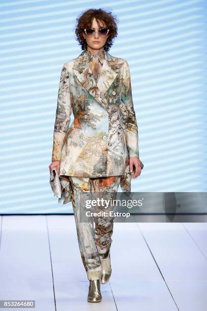 Model walks the runway at the Laura Biagiotti show during Milan Fashion Week Spring/Summer 2018 on September 24, 2017 in Milan, Italy.