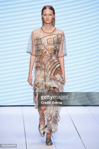 Model walks the runway at the Laura Biagiotti show during Milan Fashion Week Spring/Summer 2018 on September 24, 2017 in Milan, Italy.