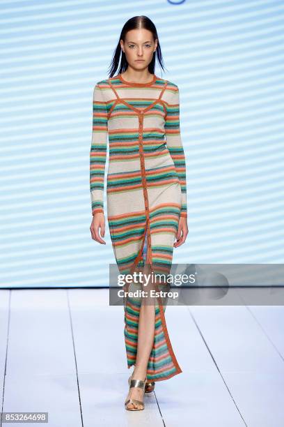 Model walks the runway at the Laura Biagiotti show during Milan Fashion Week Spring/Summer 2018 on September 24, 2017 in Milan, Italy.