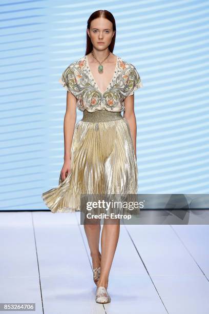 Model walks the runway at the Laura Biagiotti show during Milan Fashion Week Spring/Summer 2018 on September 24, 2017 in Milan, Italy.