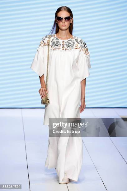 Model walks the runway at the Laura Biagiotti show during Milan Fashion Week Spring/Summer 2018 on September 24, 2017 in Milan, Italy.