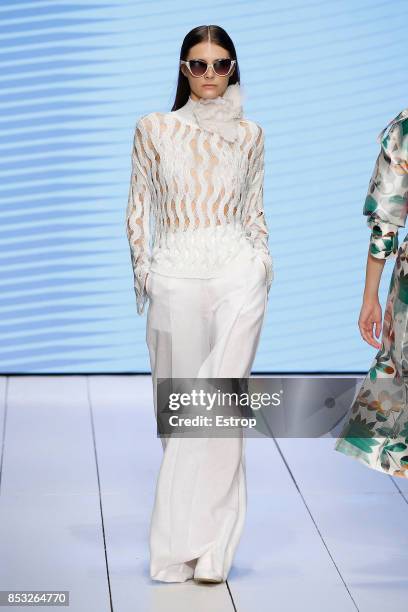 Model walks the runway at the Laura Biagiotti show during Milan Fashion Week Spring/Summer 2018 on September 24, 2017 in Milan, Italy.