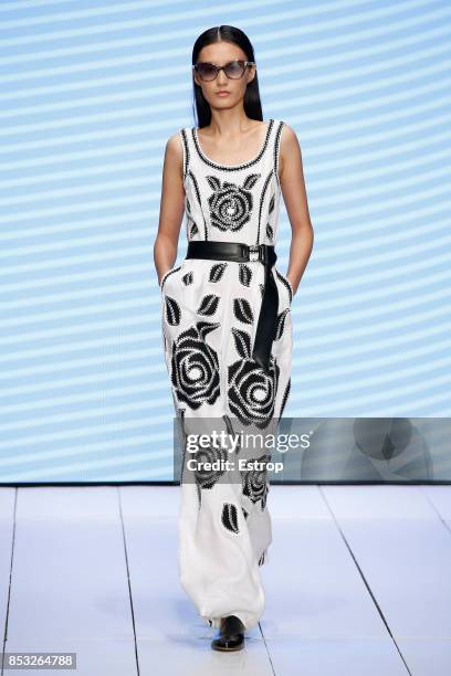 Model walks the runway at the Laura Biagiotti show during Milan Fashion Week Spring/Summer 2018 on September 24, 2017 in Milan, Italy.