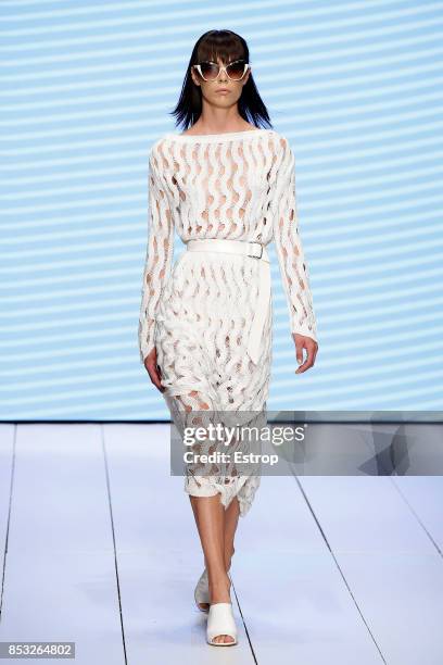 Model walks the runway at the Laura Biagiotti show during Milan Fashion Week Spring/Summer 2018 on September 24, 2017 in Milan, Italy.