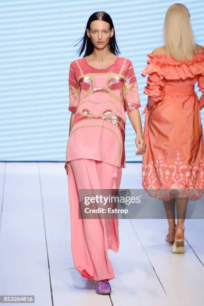 Model walks the runway at the Laura Biagiotti show during Milan Fashion Week Spring/Summer 2018 on September 24, 2017 in Milan, Italy.