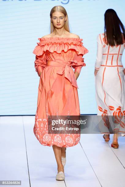 Model walks the runway at the Laura Biagiotti show during Milan Fashion Week Spring/Summer 2018 on September 24, 2017 in Milan, Italy.