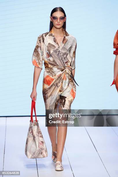 Model walks the runway at the Laura Biagiotti show during Milan Fashion Week Spring/Summer 2018 on September 24, 2017 in Milan, Italy.