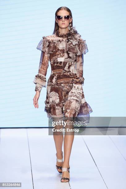 Model walks the runway at the Laura Biagiotti show during Milan Fashion Week Spring/Summer 2018 on September 24, 2017 in Milan, Italy.