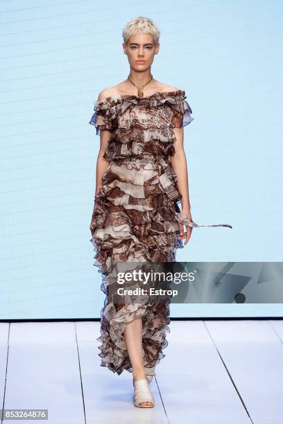 Model walks the runway at the Laura Biagiotti show during Milan Fashion Week Spring/Summer 2018 on September 24, 2017 in Milan, Italy.