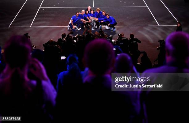 Marin Cilic, Bjorn Borg, Rafael Nadal, Rod Laver, Roger Federer, Alexander Zverev, Tomas Berdych and Dominic Thiem of Team Europe celebrate after...