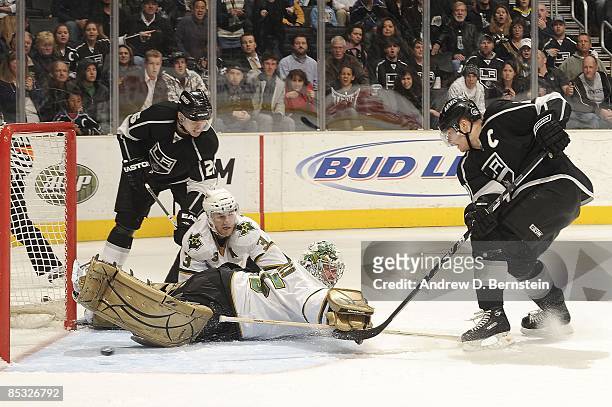 Marty Turco and Stephane Robidas of the Dallas Stars defends the net against a shot attempt from Dustin Brown of the Los Angeles Kings during the...