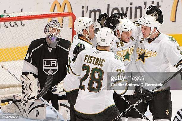 The Dallas Stars celebrate a second period goal from teammate Steve Ott against the Los Angeles Kings during the game on March 5, 2009 at Staples...