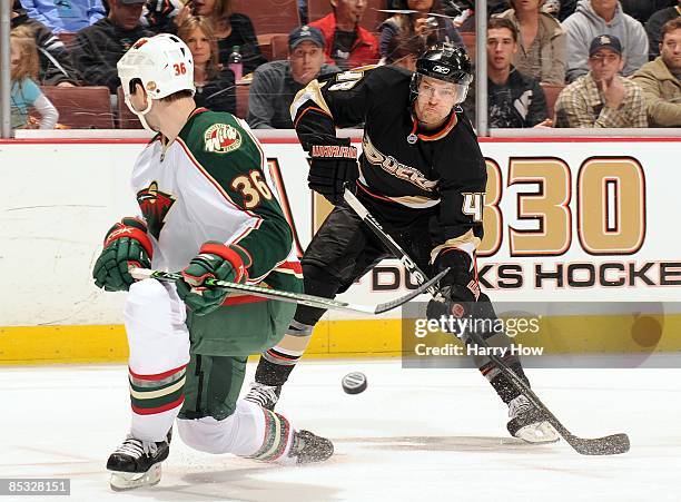 Andrew Ebbett of the Anaheim Ducks shoots the pucks past John Scott of the Minnesota Wild on during the game on March 8, 2009 at the Honda Center in...