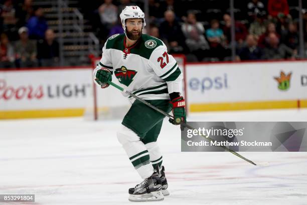 Kyle Quincey of the Minnesota Wild plays the Colorado Avalanche at the Pepsi Center on September 24, 2017 in Denver, Colorado.