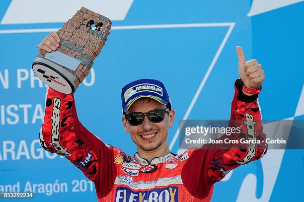 The Spanish rider Jorge Lorenzo, celebrating his 3rd place during the Gran Premio Movistar de Aragón on September 24, 2017 in Alcañiz, Spain."n