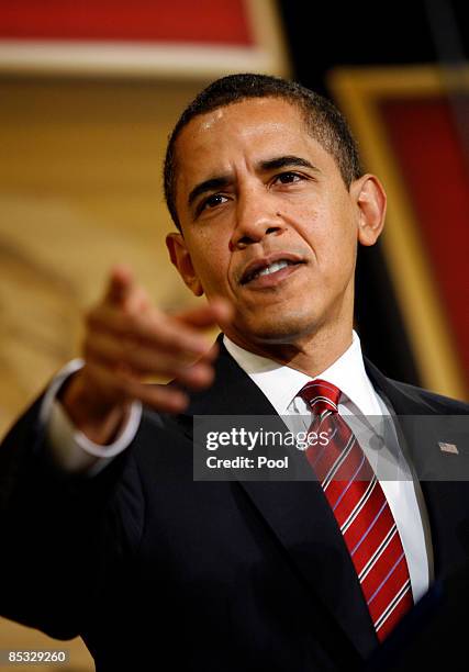 President Barack Obama gestures as he delivers remarks at the U.S. Hispanic Chamber of Commerce's 19th Annual Legislative Conference at the...