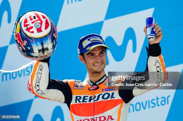 The Spanish rider, Daniel Pedrosa of Repsol Honda Team, celebrating his 2nd place during the Gran Premio Movistar de Aragón on September 24, 2017 in...