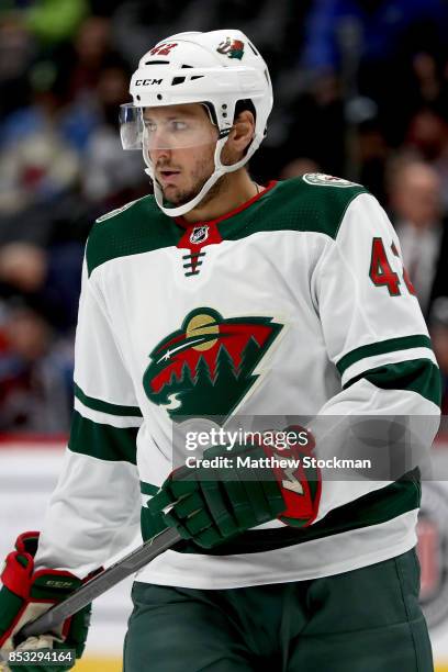 Pat Cannone of the Minnesota Wild plays the Colorado Avalanche at the Pepsi Center on September 24, 2017 in Denver, Colorado.