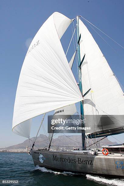 South African hero Mike Horn arrives home as his expedition yacht 'Pangaea' arrives at the Victoria & Albert Waterfront on March 10, 2009 in Cape...