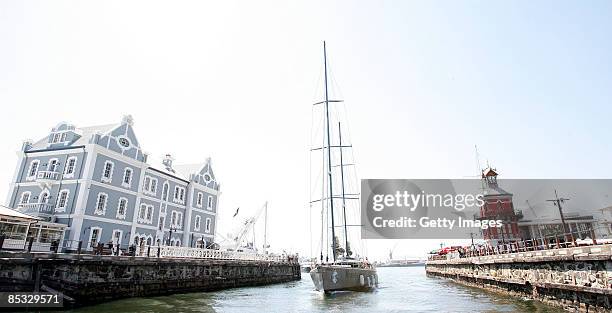 South African hero Mike Horn arrives home as his expedition yacht 'Pangaea' arrives at the Victoria & Albert Waterfront on March 10, 2009 in Cape...