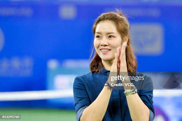 Former tennis player Li Na attends the opening ceremony of 2017 WTA Wuhan Open at Optics Valley International Tennis Center on September 24, 2017 in...