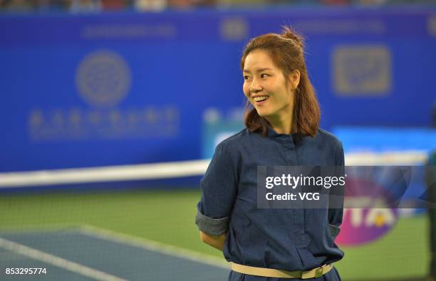 Former tennis player Li Na attends the opening ceremony of 2017 WTA Wuhan Open at Optics Valley International Tennis Center on September 24, 2017 in...